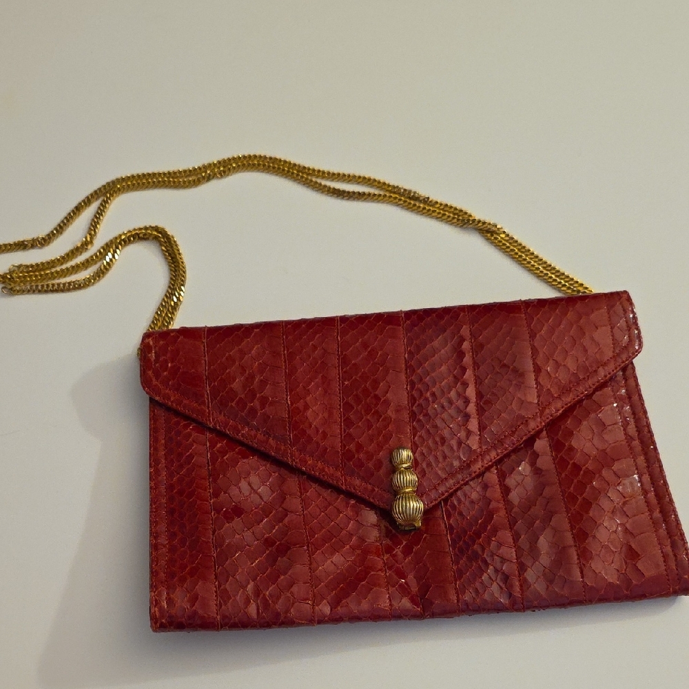 Chic Red Textured Clutch with Gold Chain